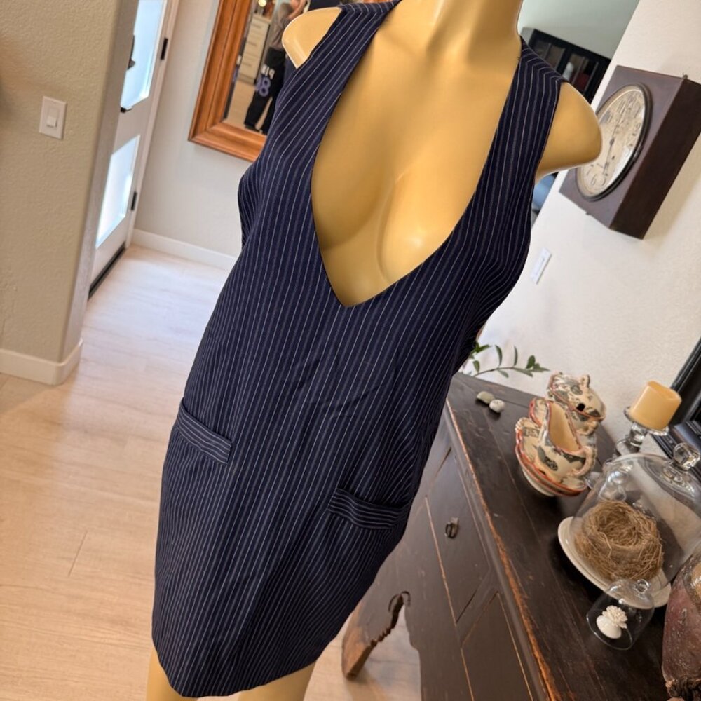 Michele Knee Length Deep Plunge NeckLine Blue & White PinStripe Lined DRESS